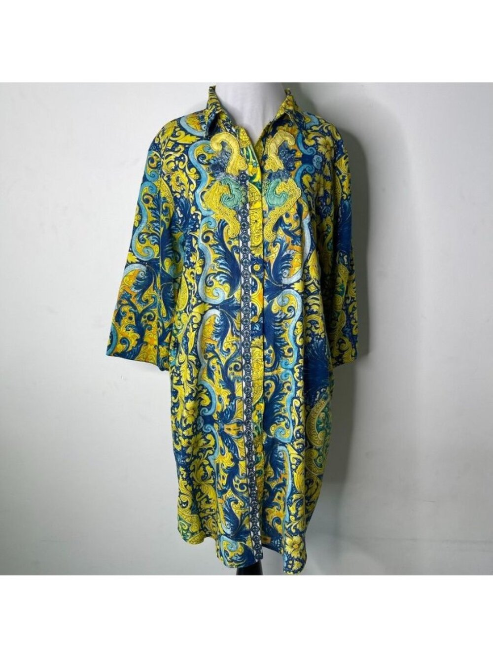 Antica Sartoria Shirt Dress Medium M Blue Yellow Baroque Beaded Tunic Kaftan Min